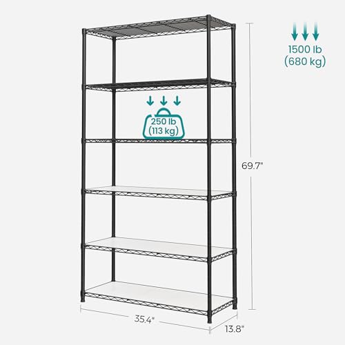 SONGMICS 6-Tier Storage Shelves, Adjustable Wire Shelving Unit, 8 Hooks - color: Ink Black, size: 6 Tiers (13.8"D x 35.4"W)