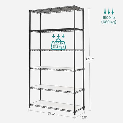 SONGMICS 6-Tier Storage Shelves, Adjustable Wire Shelving Unit, 8 Hooks - color: Ink Black, size: 6 Tiers (13.8"D x 35.4"W)