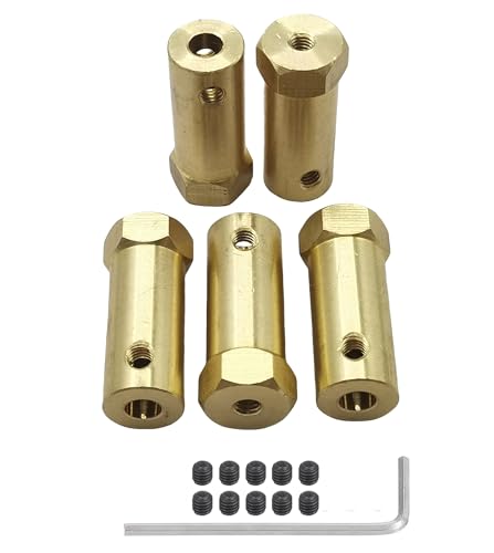 5Pcs 5mm Bore Brass Couplers, Hexagon Motor Shaft Coupling Flexible Connector with Screws and Wrench for Robotics and R/C Car Wheels Tires Shaft Motor - size: 5mm