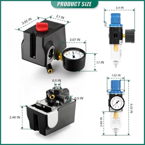 4 Way Air Compressor Pressure Switch Control Valve Kit 120-150 PSI, Lateral Port Replacement Parts, 110V-240V, With AFR2000 Air Filter Pressure Regulatorand Safety Pressure Relief Valve - size: 120-150 PSI