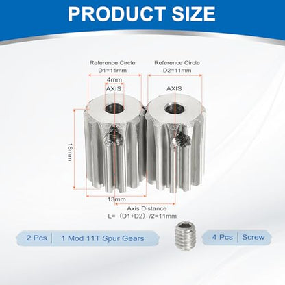 uxcell 2Pcs 1 Mod 11T Spur Gear 4mm Bore, 304 Stainless Steel Pinion Gear - size: 1 Mod 11T, 4mm