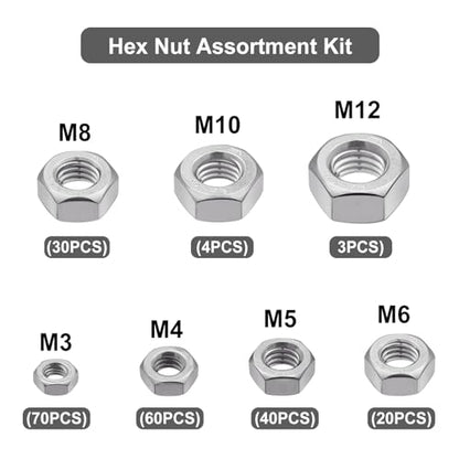 VGBUY 227pcs Metric Hex Nuts Assortment Kit M3 M4 M5 M6 M8 M10 M12,304 Stainless Steel 18-8 External Hex nut Set Hex Machine Screw Nuts Hardware Nuts - size: Metric Kit
