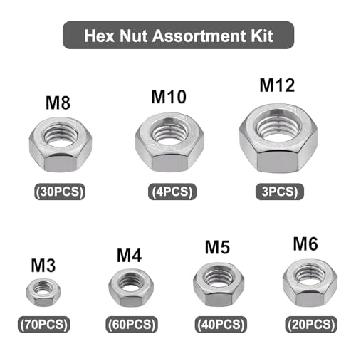 VGBUY 227pcs Metric Hex Nuts Assortment Kit M3 M4 M5 M6 M8 M10 M12,304 Stainless Steel 18-8 External Hex nut Set Hex Machine Screw Nuts Hardware Nuts - size: Metric Kit