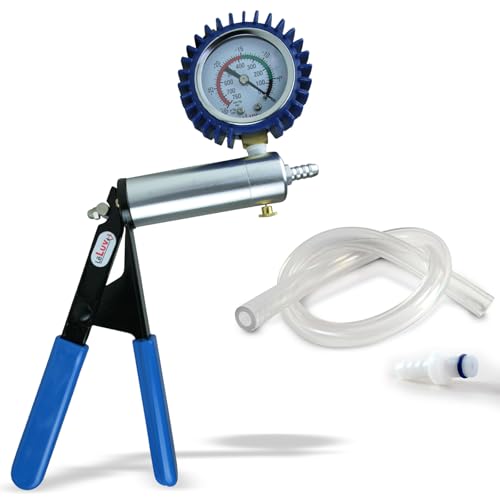 LeLuv Ultima Blue Vacuum Pump - Aluminum Alloy Silver Handle Manual Hand Vacuum (0-30 Hg, 0-760 mmHg), Gauge Installed with Protective Rubber Cover, Rubber Padded Grips with Clear Hose & Fitting - color: Silver + Blue Rubber