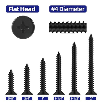 #4 x 1-1/4" Flat Head Self Tapping Screws, 304 Stainless Steel 18-8 Wood Screw, Black Finish, Screwdriver Bit Included, 200 PCS - color: Black, size: #4 x 1-1/4"