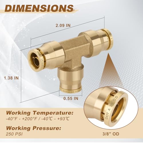 3/8" Brass Union Tee, DOT Approved 3-Way Air Line Connector 2PCS - size: 3/8" OD 2PCS, style: Tee