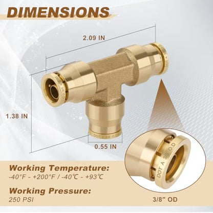 3/8" Brass Union Tee, DOT Approved 3-Way Air Line Connector 2PCS - size: 3/8" OD 2PCS, style: Tee
