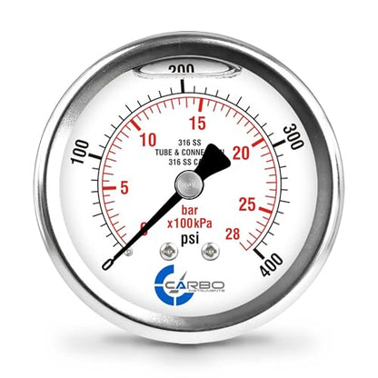 Carbo 400 PSI Liquid Filled Pressure Gauge with NIST Traceable Certificate, Calibrated in USA Lab, 2.5" Dial, 1/4 NPT Back Mount, ASME Grade A, 316 SS Case, 316 SS Wetted Parts, PSI/Bar - size: 0-400 PSI, style: NIST TRACEABLE