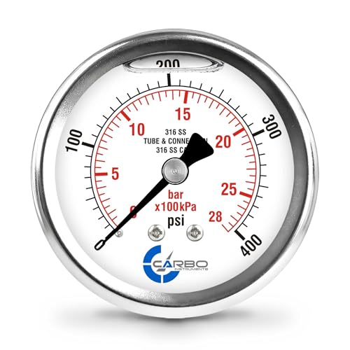 Carbo 400 PSI Liquid Filled Pressure Gauge with NIST Traceable Certificate, Calibrated in USA Lab, 2.5" Dial, 1/4 NPT Back Mount, ASME Grade A, 316 SS Case, 316 SS Wetted Parts, PSI/Bar - size: 0-400 PSI, style: NIST TRACEABLE