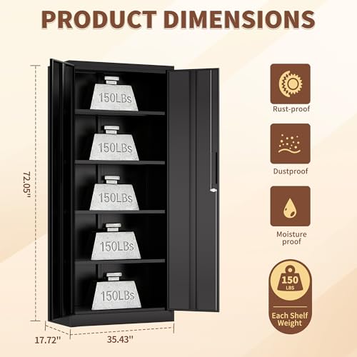 Storage Cabinet with 2 Doors and 4 Adjustable Shelves - 72" H Garage Storage Cabinet with Lock, Metal Storage Cabinet, Tool Cabinet Utility Cabinets for Home Office, Garage, Shop, Warehouse - size: 72H*36W*18D