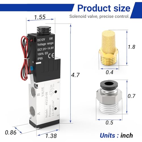 4V210-08 5-Way/2-Position Electric Solenoid Valve 1/4"NPT – Pilot-Operated DC12V, Aluminum Body with Outlet Wire - size: DC12V-Outlet Wire