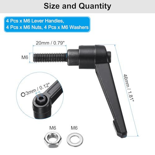 uxcell 4pcs Lever Adjustable Handles M6 x 20mm Metric Male Thread with Nuts Washers, Level Clamping Handle Set Hand Stud Knobs Rotating Screw Handles Bolts with Locking Lever, Black - size: M6 x 20mm