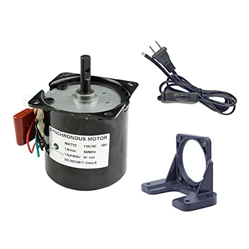 Permanent Magnet Synchronous Gear Motor 60KTYZ 110V 1.5RPM Torque 90Kgf.cm CW/CCW with Fixed Bracket and Switch Plug Extension - size: 1.5r/min+ Bracket+Power cable