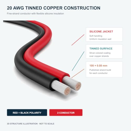 TUOFENG 20 AWG Silicone Wire, 100 ft Red Black 2-Conductor Tinned Copper - size: 20 awg Silicone wire 100ft