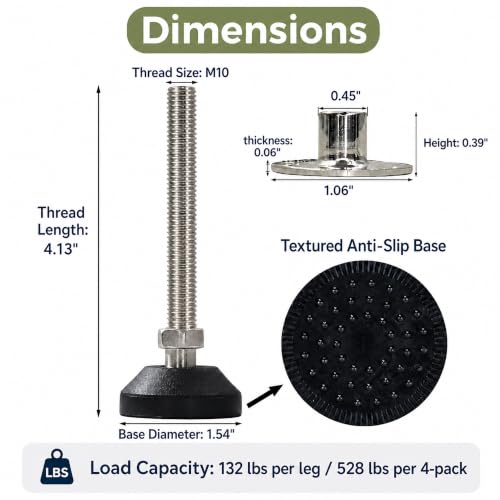 M10 Adjustable Leveling Feet, 4 Pack, 20° Swivel Base with T-Nuts - size: M10 | 4.1" Height | 1.54" Base | 132 lbs/Leg