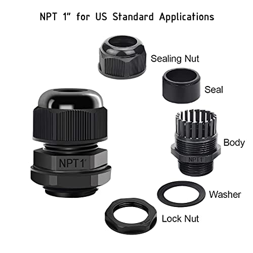 LeMotech 2 Pack NPT 1" Cable Glands Waterproof Adjustable 18-25mm Cable Connectors Black Nylon Joints with Gaskets - color: Black, size: 1inch 2-pack