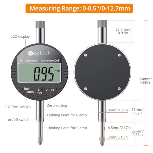 Neoteck 0-12.7mm/0.5" Digital Dial Indicator 0.01mm/0.0005" with Resolution - color: Black, size: 0-0.5''/0.0005''