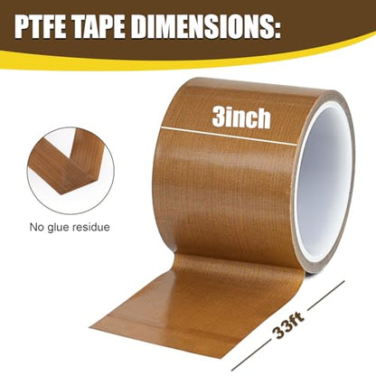 Teflone Glass Cloth Tape (3 inch x 33 Feet x 0.18mm), High Temperature PTFE Heat Resistant Adhesive Tape Non-Stick Surface for Vacuum Sealer Machine, Heat Press, Packaging, Electrical Use - size: 3inx33ft