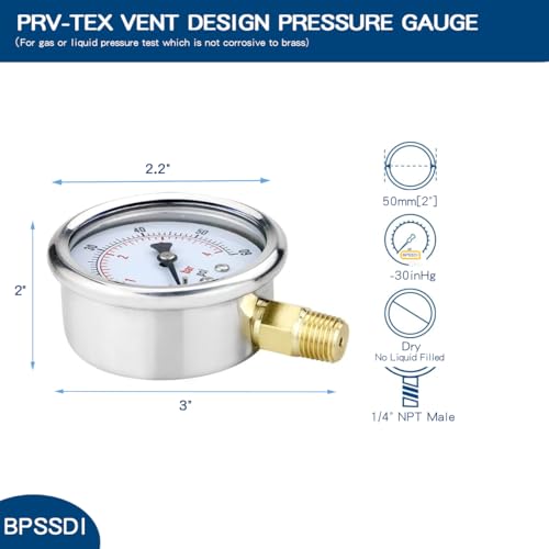 30inHg Vacuum Pressure Gauge, Water Pressure Gauge, 2.5" Dial Size, 1/4" NPT Lower Mount, 304 Stainless Steel Case, for Pneumatic Air Compressor RV Regulator Valve Test(with Tape) - size: -15-0 psi, style: Lower Mount