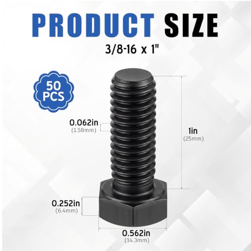 Zonon 50 Pcs 3/8-16 x 1 Hex Head Screw Bolt, Black - color: Black, size: 3/8-16 X 1"