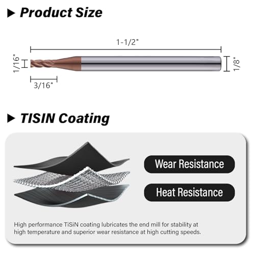 1/16" Carbide Square End Mills Set 4 Flute HRC55 TISIN Coating 3PCS - size: 1/16 in