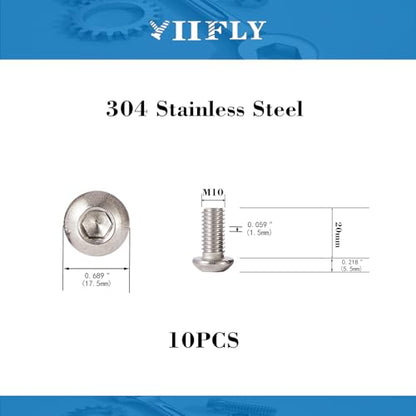 M10x1.5 Bolt, M10 x 20mm Button Head Socket Cap Bolts Screws,304 Stainless Steel(A2-70), Allen Hex Drive, Bright Finish, Fully Threaded, Quantity 10 - size: M10 x 20mm(10PCS)
