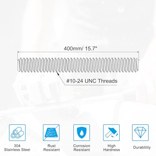 PATIKIL #10-24 UNC 304 Stainless Steel Fully Threaded Rod, 15.7" Length Long Threaded Screw Right Hand Threads All Threaded Rod Studs for Anchoring Bolt, Clamps, Hangers and U-Bolts - size: #10-24 UNC x 15.7"