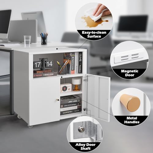 Large Metal Printer Stand Cabinet with Storage and Wheels, White - color: White