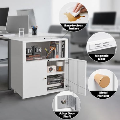 Large Metal Printer Stand Cabinet with Storage and Wheels, White - color: White