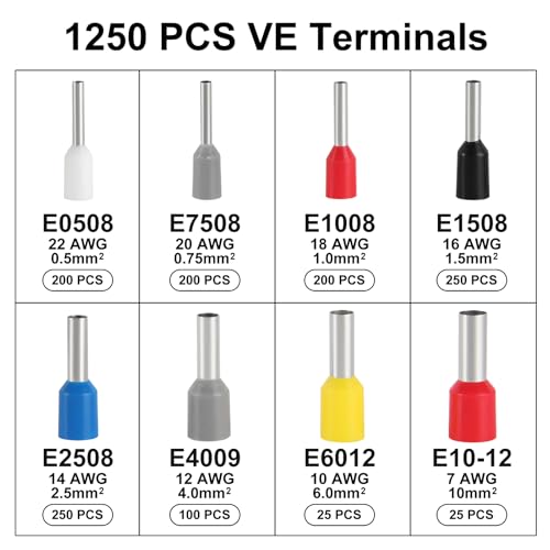Ferrule Crimping Tool Kit, Crimper Plier with 1250PCS Wire Ferrules Kit Wire End Terminals, Self-adjustable Ratchet Tool Set for AWG 23-7 Cable connectors, 0.25-10mm² (HSC8 6-4A + 1250) - color: Hsc8 6-4a + 1250