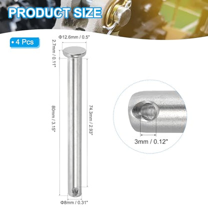 PATIKIL 8 x 80 mm Single Hole Clevis Pins, 4 Pcs 304 Stainless Steel Flat Head Pin for Hitch Pin Lock Link Hinge Systems, Silver - size: 8 x 80 x 74.3 mm