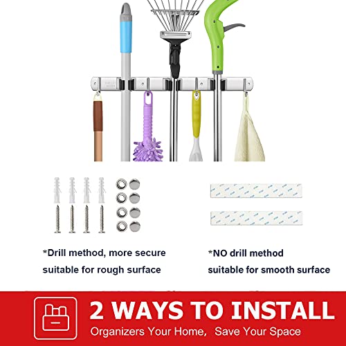 IMILLET Broom Holder Wall Mount Stainless Steel Mop Organizer - color: Stainless Steel - 3 Racks with 4 Hooks, size: 1 Pack