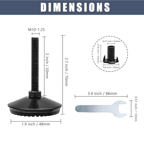 Black M8 Fixed Leveling Feet 4 Pack T-Nuts Wrench Incl - size: M8*50mm, 4Pcs