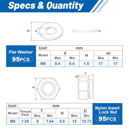 M8-1.25 Lock Nut 190Pcs Stainless Steel Nylock Locking nut with Washer - size: locknuts-M8 190pcs