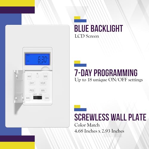 ENERLITES 7-Day Programmable Timer Switch, with Blue Backlight - color: White, size: In-wall With Backlight