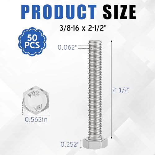Zonon 50 Pcs 3/8-16 x 2-1/2" Hex Head Screw Bolt, Silver - color: Silver, size: 3/8-16 X 2-1/2"