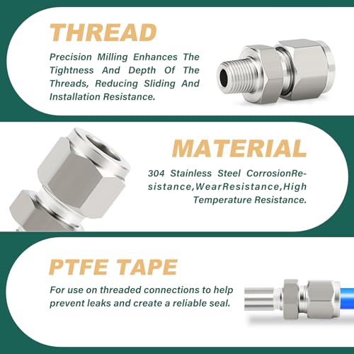 5PCS 304 Forging of Stainless Steel Compression Tube Pipe Fitting Connector, 3/8" Tube OD x 1/8" NPT Male Straight Adapter for fuel/air/liquid/oil/gas/vacuum pipelines