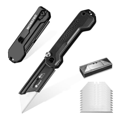 WORKPRO 2PCS EDC Folding Utility Knife, Mini Box Cutter with Quick Open Axis Lock, Quick Change Blade Razor Knife, Foldable Small Pocket Knife with Belt Clip, 2 Packs with 10 Extra Blades - color: Black-g10
