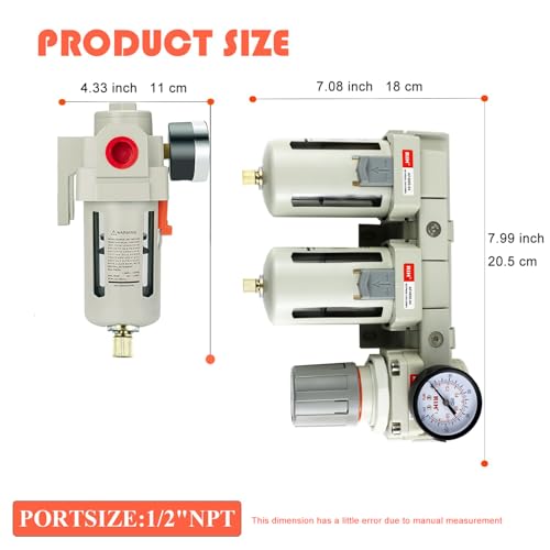 RIH Pneumatics DFR-04 1/2'' NPT Compressed Air Double Filter & Regulator, Air Drying System, Air Compressor Water Separator, Semi -Auto Drain, Poly Bowl,0-150 psi Gauge, 5 Micron Brass Element - size: 1/2 NPT