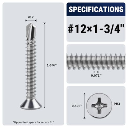 #12 x 1-3/4" Phillips Flat Head Sheet Metal Screws, Stainless Steel 410 Self Drilling Screws for Metal, Countersunk Head, Phillips Drive, Self Tapping, 50 Pack - size: #12 x 1-3/4"