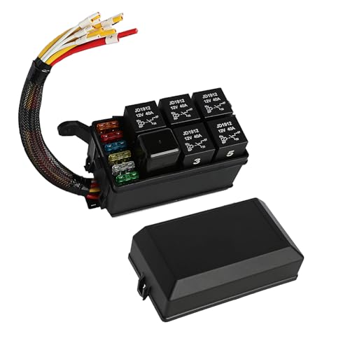 Pre-Wired 12V Fuse Relay Box,6-Way Power Distribution Block with 5 High-Power 4-Pin 40A Relays and 1 Standard Fused Circuit,Heavy-Duty Relay Panel for Trucks & Fleet Vehicles - size: RY05F06