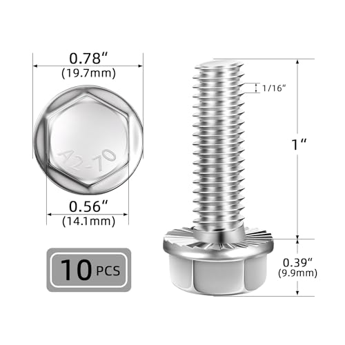 3/8-16 x 1 (10 PCS) Flanged Hex Head Bolts, Flange Washer Head Hex Screws Bolts, 18-8 Stainless Steel (304), Plain Finish, Full Thread - size: 3/8-16 x 1"