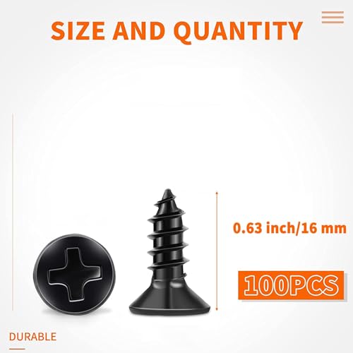 TPOHH 100 PCS #6 X 5/8 inch Stainless Steel 18-8 (A2) Wood Screws, 6 X 5/8'' Black Coated Flat Head Phillips Full Threaded No.6 X 0.63 Length Small Screw, KA35X16SS18-8 - size: #6 X 5/8 inch