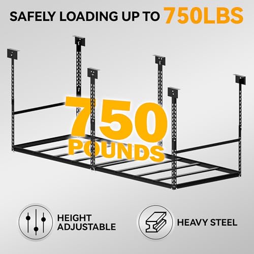 3x8 Ft Overhead Garage Storage Rack, 28-41 inch Height Adjustable Ceiling Mounted Organization Rack, 750 lbs Weight Capacity, 36"x96" Metal Rack for Garage Storage with Hanging Rods - size: 3x8ft w/ 8 Support Bars