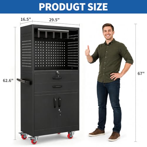 Mobile Tool Cart, Tool Chest with Locking Wheels, Charging Station - color: Upgraded Black