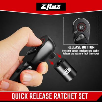zhax 3-Piece Flex-Head Ratchet Set, 1/4”, 3/8”, 1/2” Drive 90-Tooth Ratchets, Quick Release Reversible Ratchet Wrenches for Repairing, Home, DIY, Chrome Alloy Made