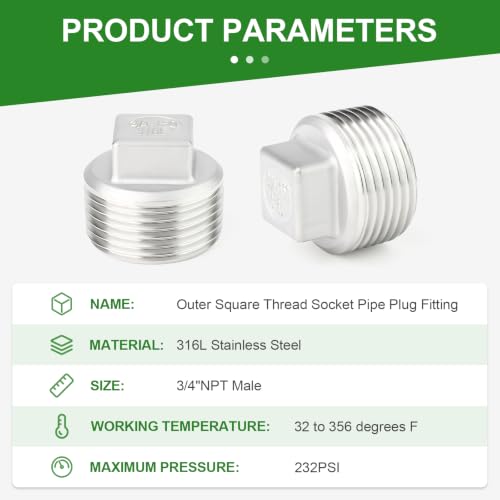 TAISHER 10Pcs 316 SS Cast Square Head 3/4"NPT Male Socket Pipe Plug - size: 3/4" MNPT(316 Plug)