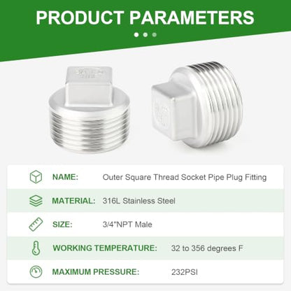 TAISHER 10Pcs 316 SS Cast Square Head 3/4"NPT Male Socket Pipe Plug - size: 3/4" MNPT(316 Plug)