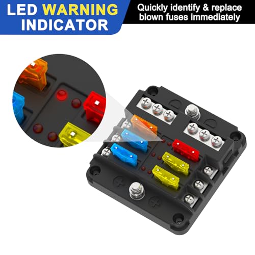 6 Way Fuse Block Box 12V/24V DC, ATC/ATO Fuse Panel with LED Indicator for Marine Boat Automotive Motorcycle - style: 6 Way