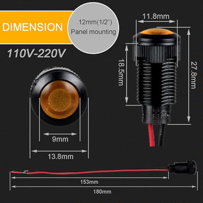 5pcs 12mm LED Indicator Light Plastic Black Signal Dot Lamp 110-220VAC 1/2 inches Mounting Hole Size with 15cm/5.9in. Wire (Yellow LED) - color: Yellow, size: 12mm 110-220V